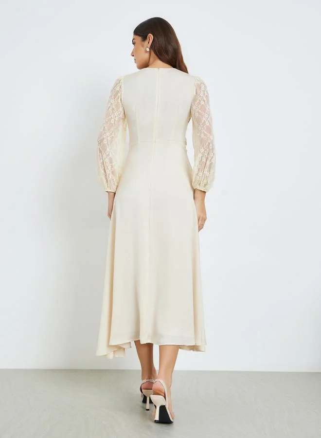 Styli  Women Cream Lace Sleeves A-Line Midi Dress for Women | Best Price UAE